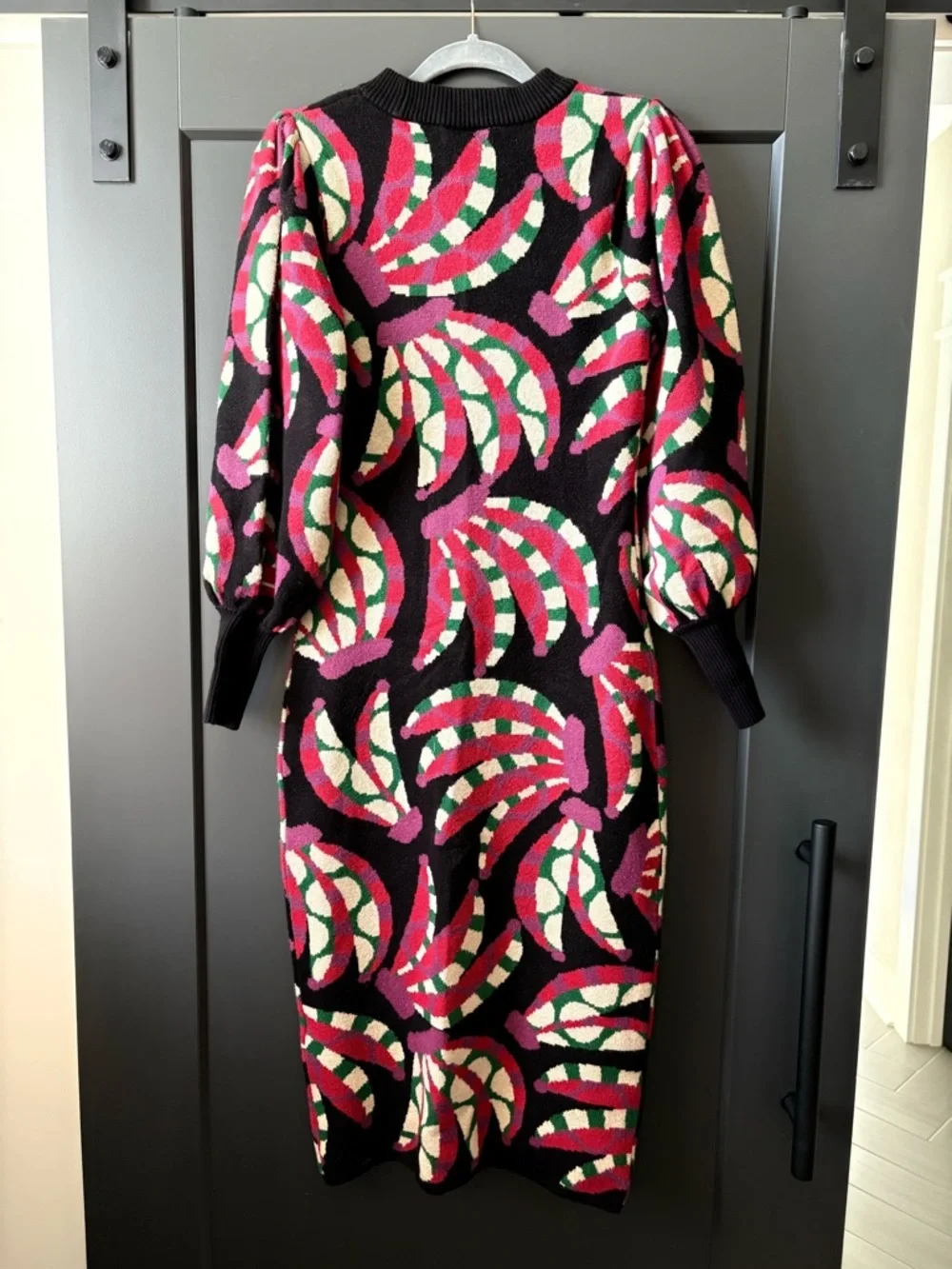FARM Rio Black Knit Midi Sweater Dress with Pink, Green & Cream Swirls - Picture 6 of 9